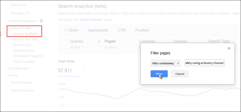 Screenshot showing how to filter for a URL in Search Console Search Analytics Report.