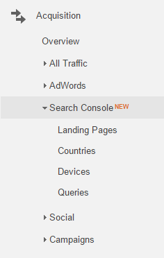 In Google Analytics, select the Reporting tab, then expand Acquisition followed by Search Console.