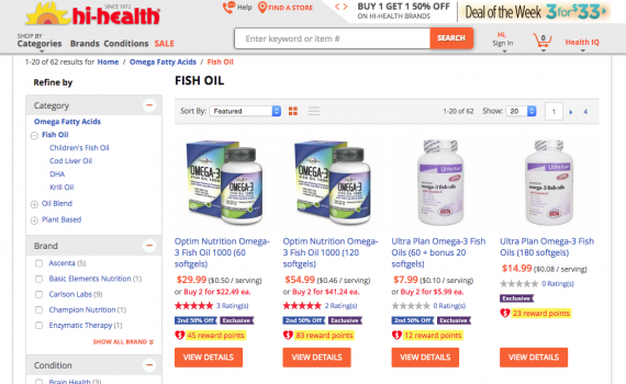 The Fish Oil page within the Omega Fatty Acids category could benefit from using a title tag with the keywords up front.