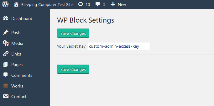 WP Admin Block settings page