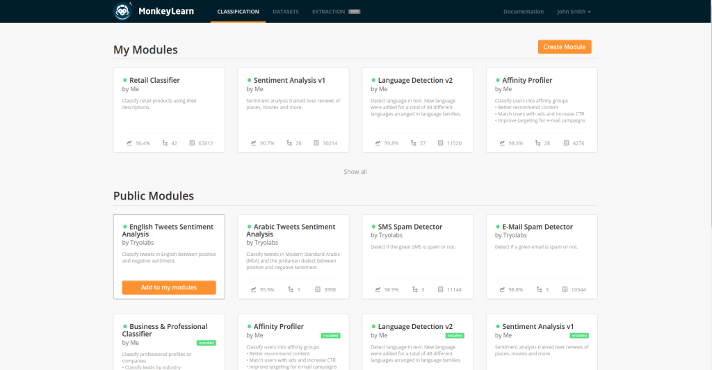 MonkeyLearn modules, each containing categories