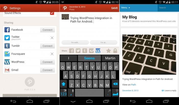 Screenshot 2013 12 08 00 05 05 730x431 Path for Android now lets you share moments to WordPress blogs