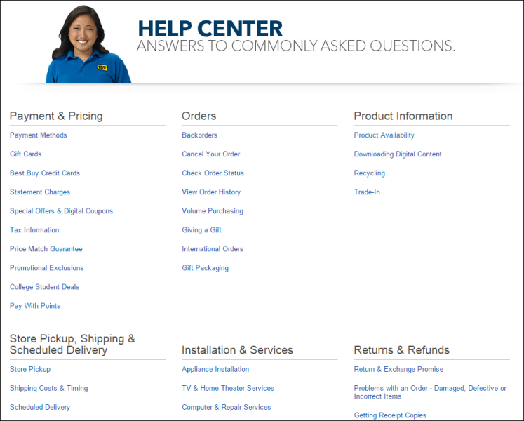 A screenshot example of popular questions highlighted on Best Buy's home page.
